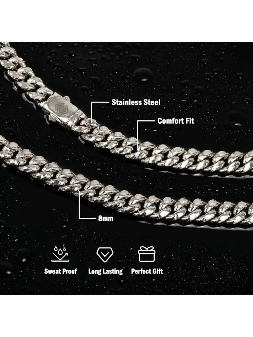 Men's Silver 8mm Cuban Link Chain 316l Stainless Steel 18k Gold Plated Gift